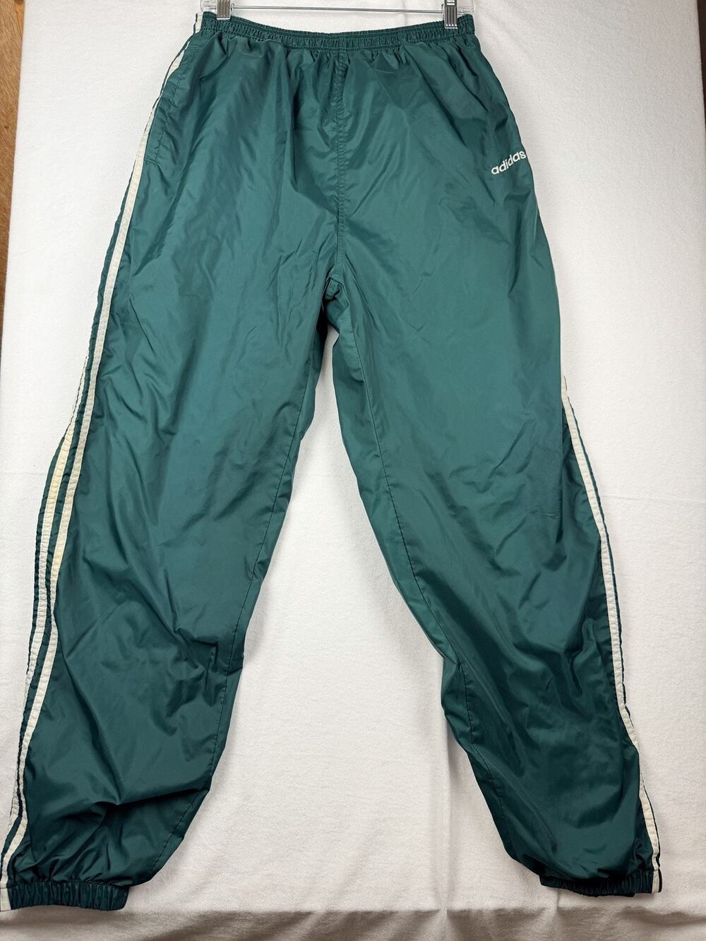 VTG Adidas Track Pants Men’s L Green White 3 Stripe Nylon Lined Zip Ankle Y2K